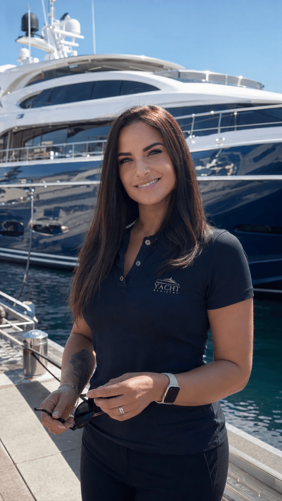 Ihre persönliche Ansprechpartnerin bei YachtRegistry im Hafen vor einer Yacht